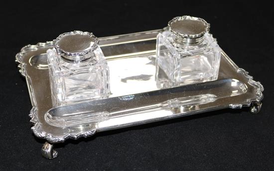 A George V silver rectangular inkstand,